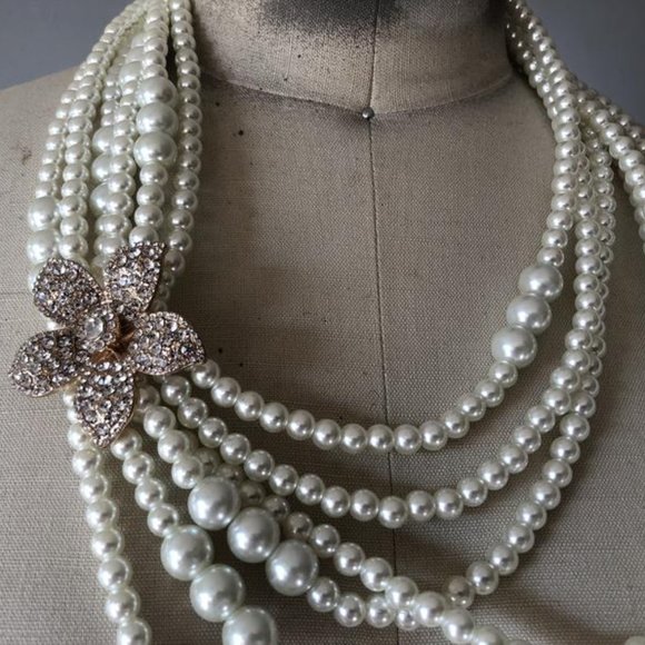 Bloomingdales CLASSIC White 6 strand Pearl Flower pendant bib Collar Necklace - Picture 2 of 15
